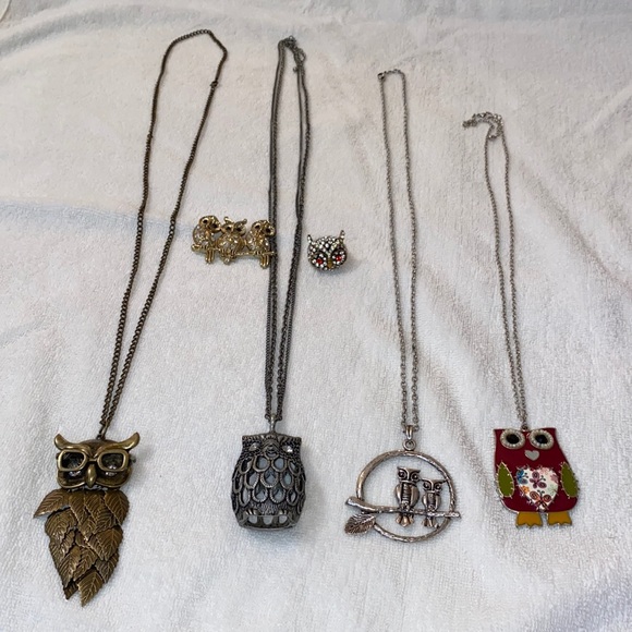 Set of 6 - owl necklaces, ring, and brooch
